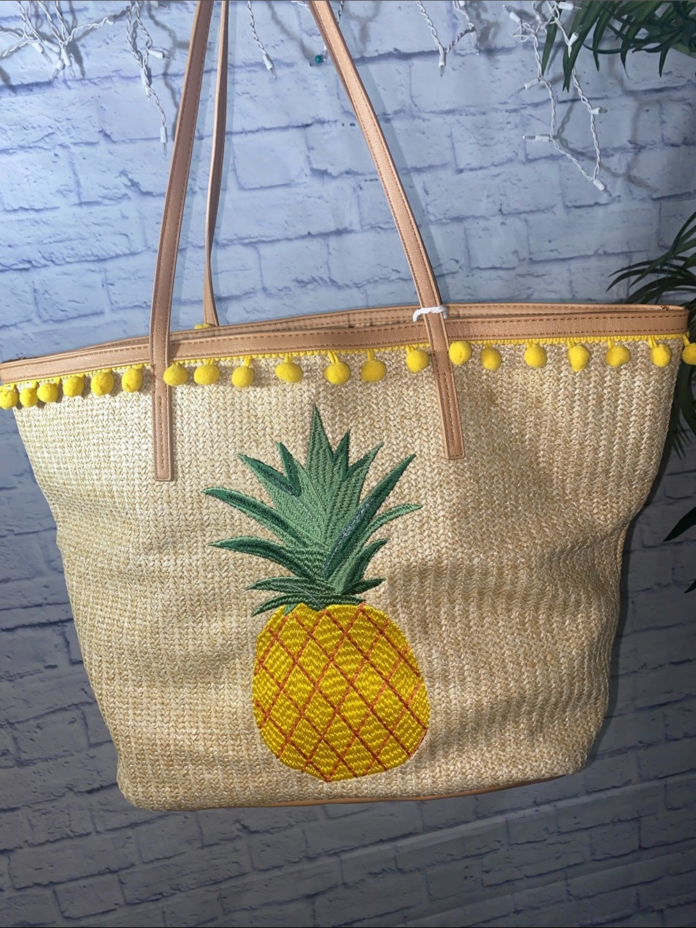 Straw Pineapple Tote Bag with Yellow Pom Poms
